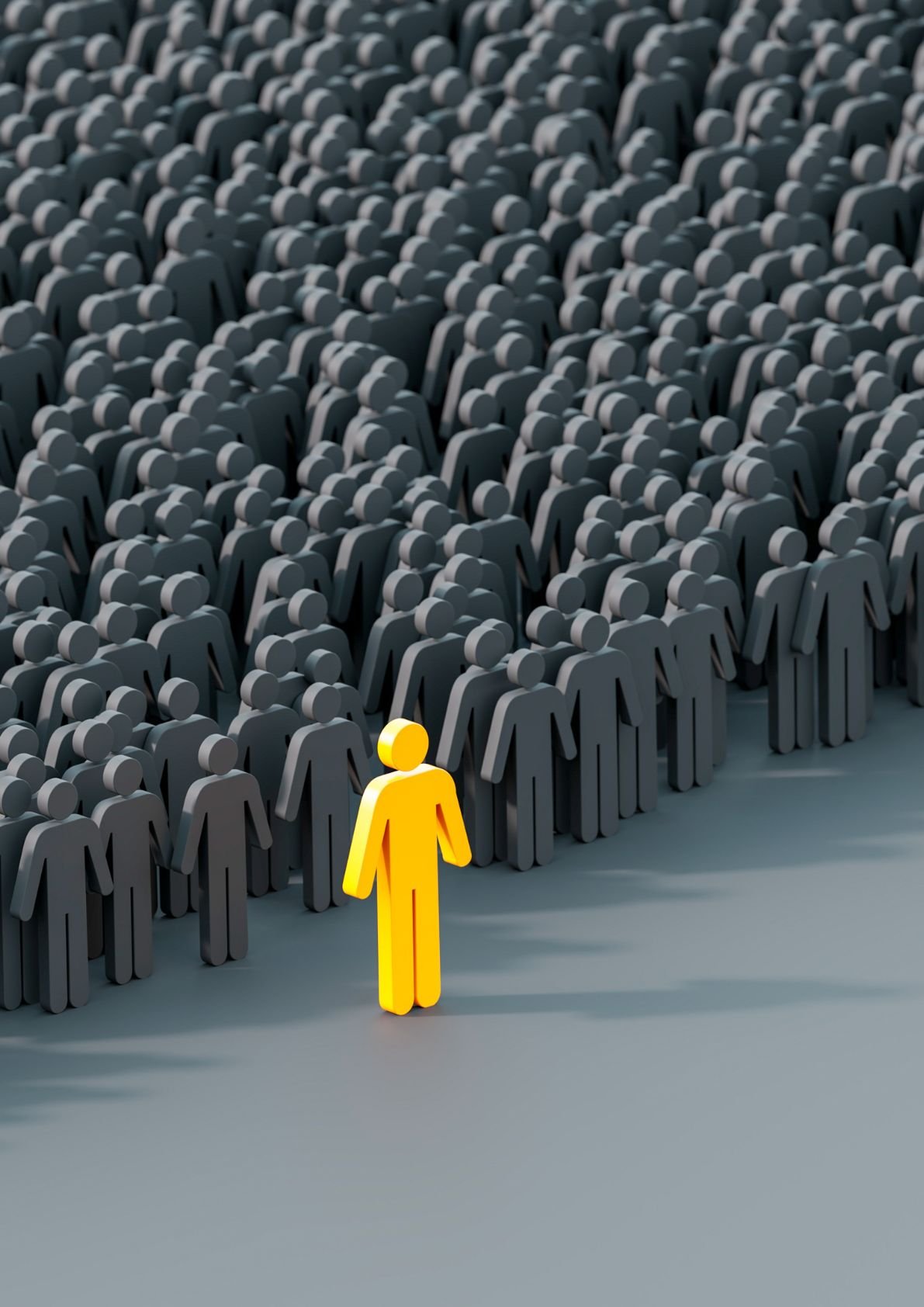 Yellow figure standing out from crowd of gray figures representing unique tech roles